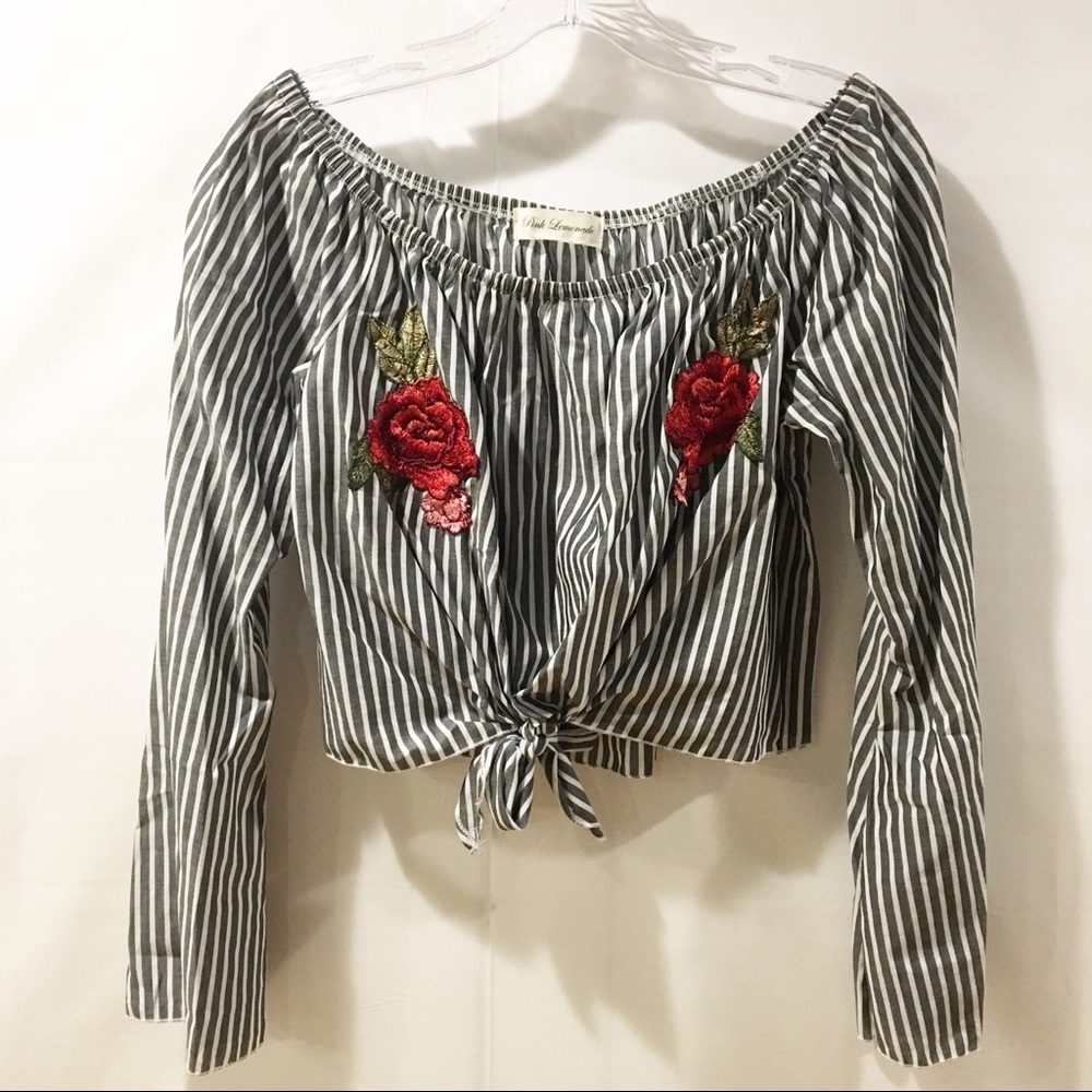 Stripped Flower Tie-Up Crop Top - Small